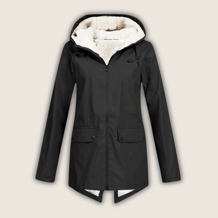 Matilda hooded fleece lined rain jacket in black, front view