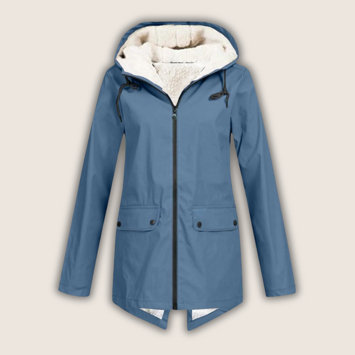 Matilda hooded fleece lined rain jacket in blue, front view