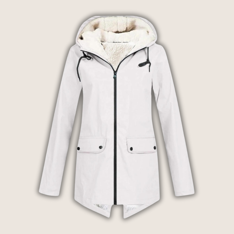 Matilda hooded fleece lined rain jacket in white, front view