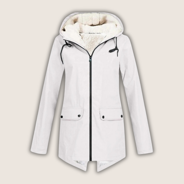 Matilda hooded fleece lined rain jacket in white, front view