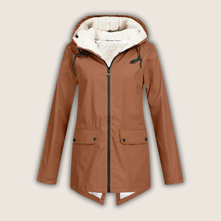 Matilda hooded fleece lined rain jacket in burnt orange, front view