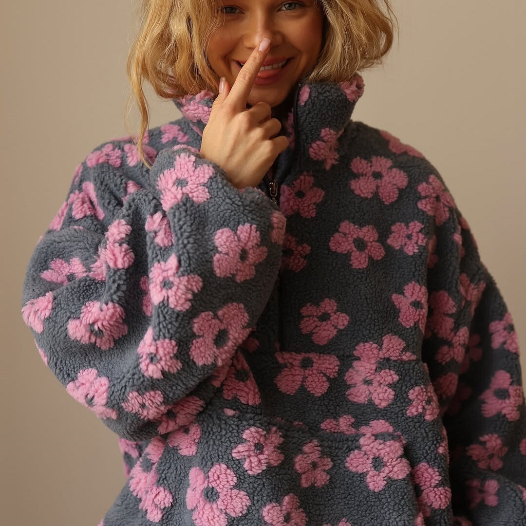 Meredith floral quarter-zip fleece pullover in pink, close-up of collar and zip