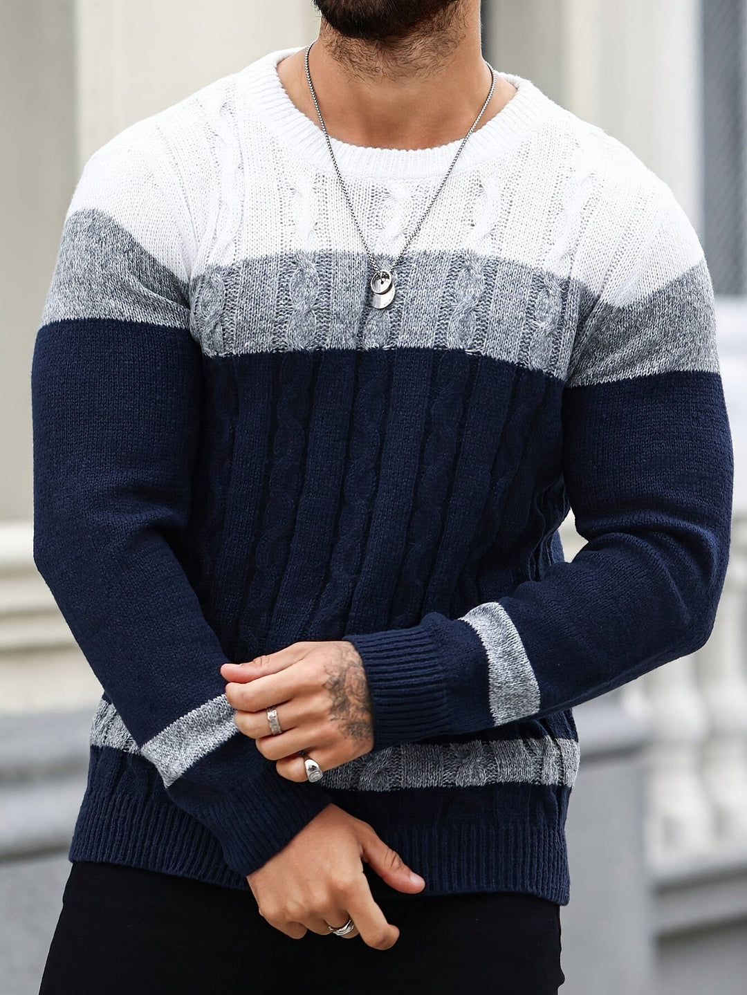 Nathaniel colour block cable knit jumper in navy, grey and white, front view close-up