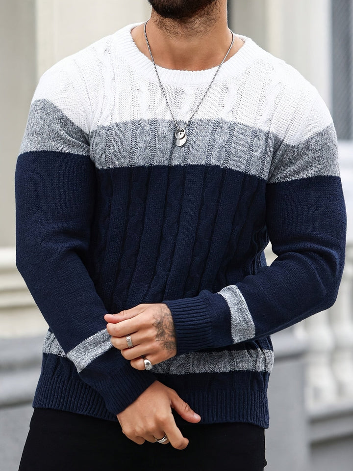 Nathaniel colour block cable knit jumper in navy, grey and white, front view close-up