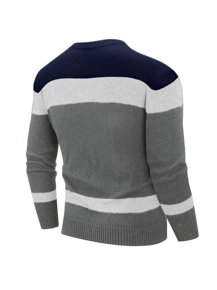 Nathaniel colour block cable knit jumper in grey and navy, back view flat lay