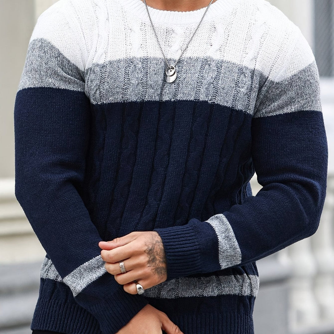 Nathaniel colour block cable knit jumper in navy, grey and white, close-up sleeve detail