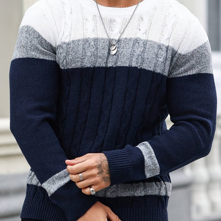 Nathaniel colour block cable knit jumper in navy, grey and white, close-up sleeve detail