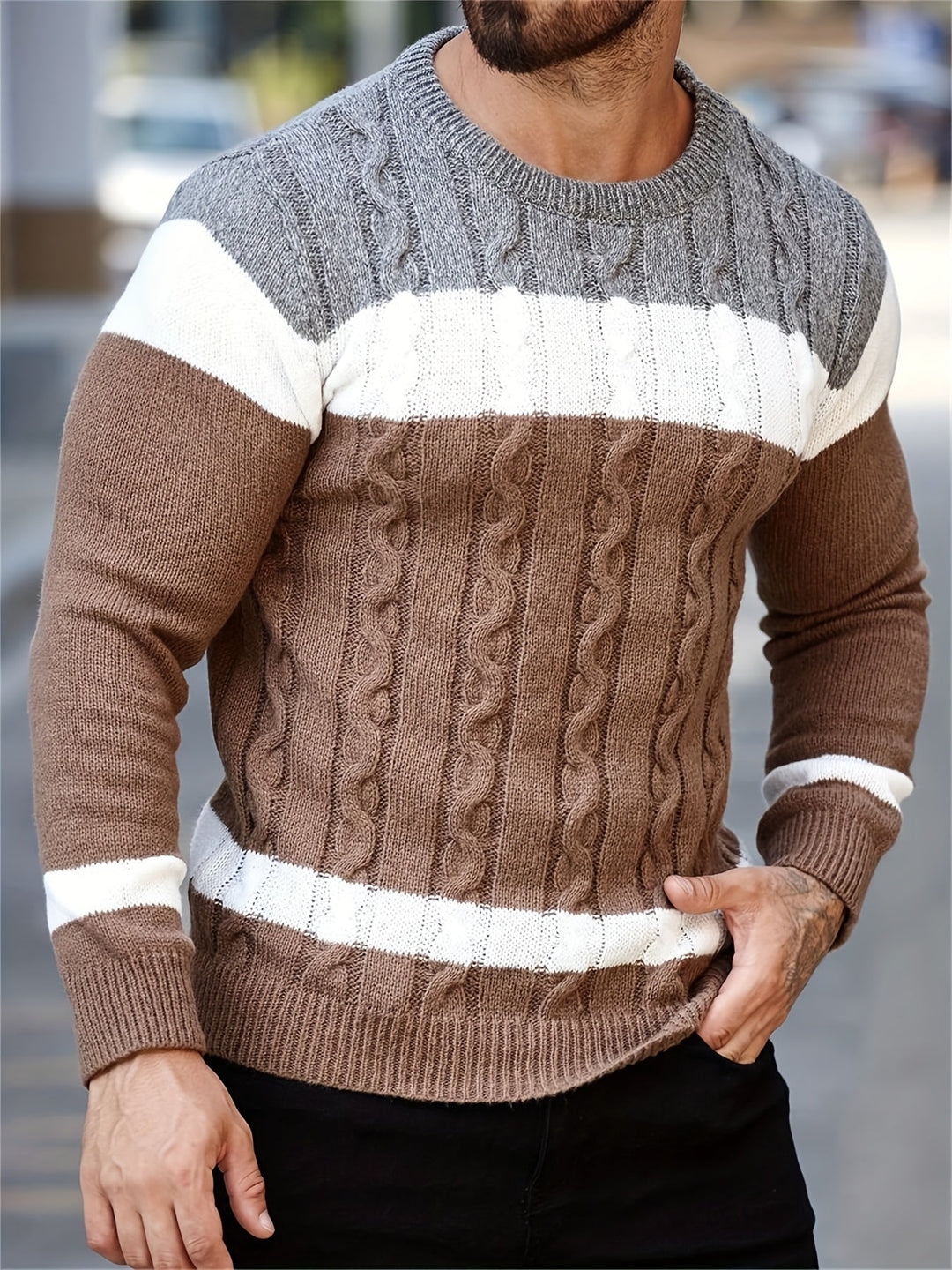 Nathaniel colour block cable knit jumper in brown and taupe with white stripe, front view