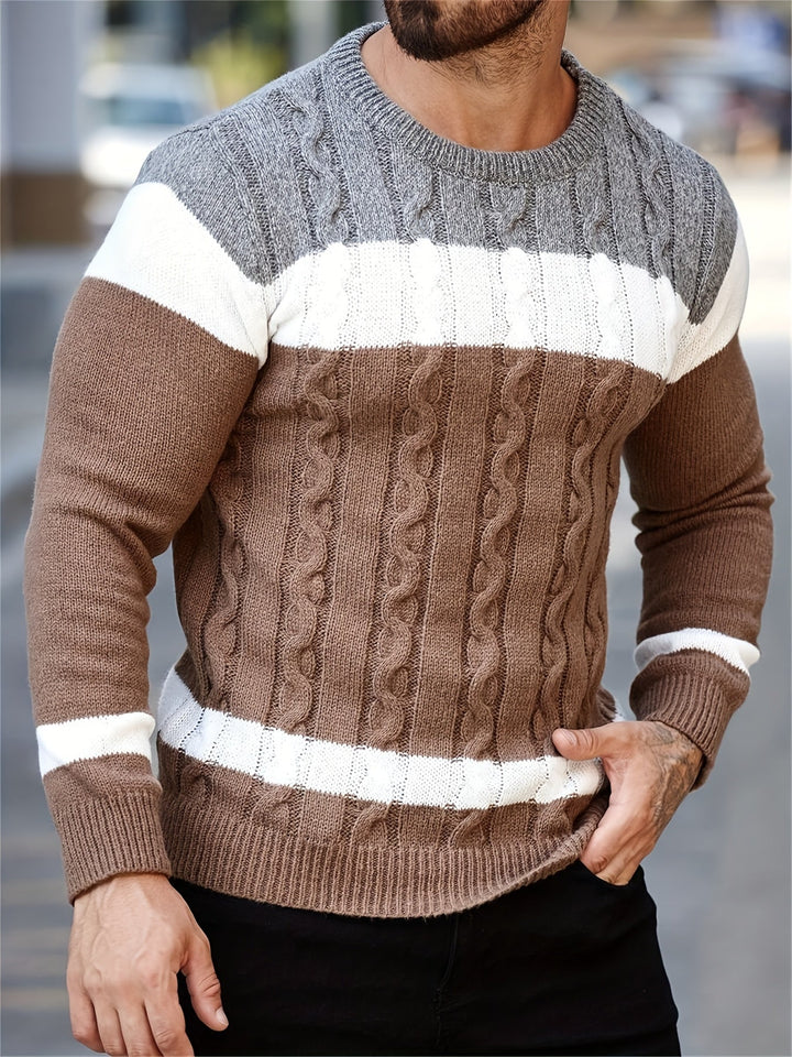 Nathaniel colour block cable knit jumper in brown and taupe with white stripe, front view