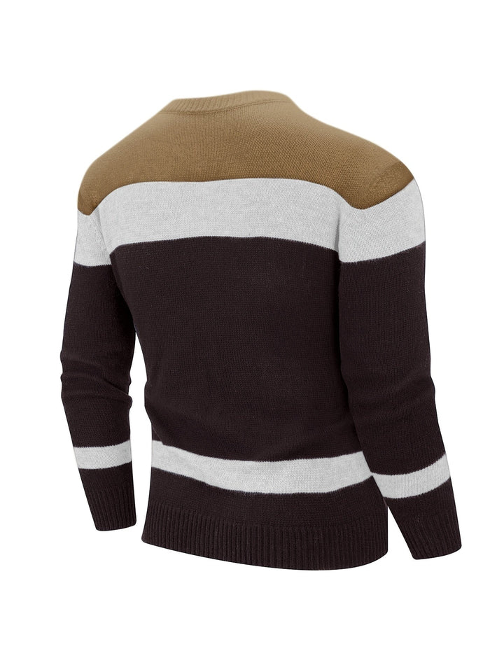 Nathaniel colour block cable knit jumper in brown and tan, back view flat lay