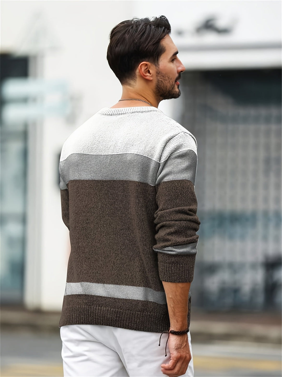 Nathaniel colour block cable knit jumper, back view on model