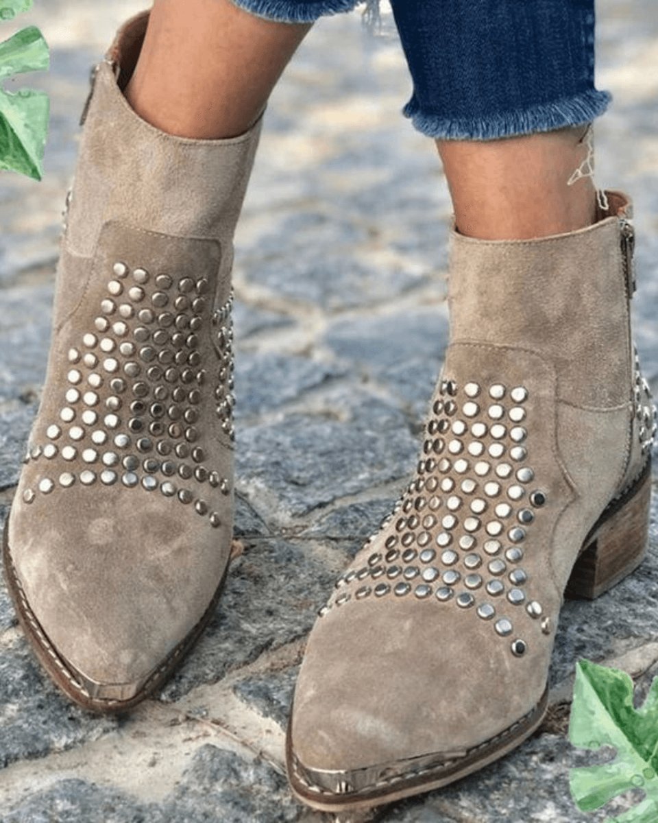 Ottilie studded pointed toe block heel ankle boots, front view on model