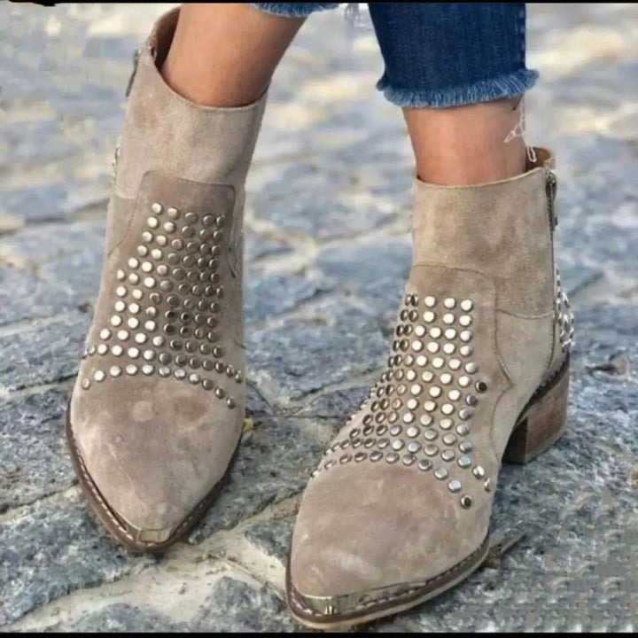 Ottilie studded pointed toe ankle boots, front view on model
