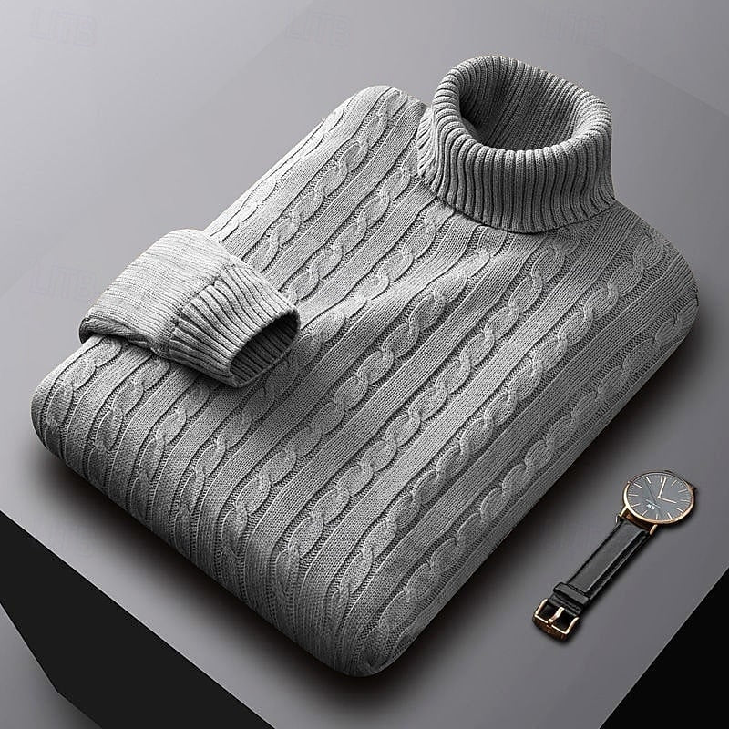 Percival light grey cable knit turtleneck jumper folded, three-quarter view