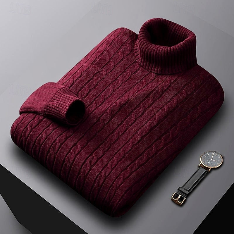 Percival burgundy cable knit turtleneck jumper folded, three-quarter view
