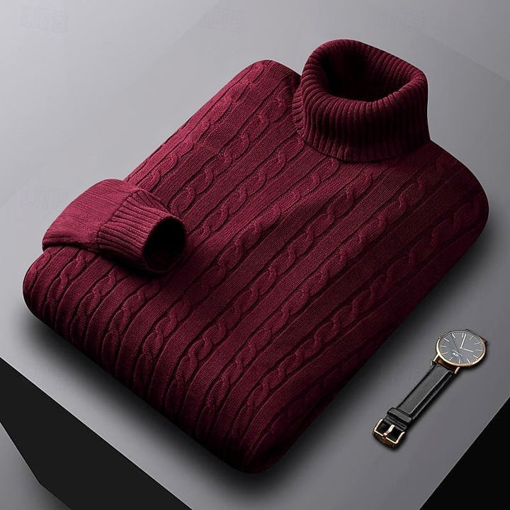 Percival burgundy cable knit turtleneck jumper folded, three-quarter view
