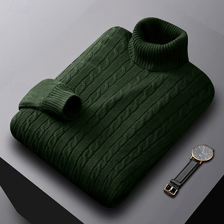 Percival dark green cable knit turtleneck jumper folded, three-quarter view