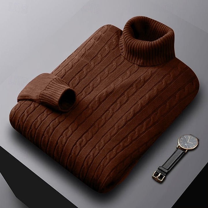 Percival coffee cable knit turtleneck jumper folded, three-quarter view