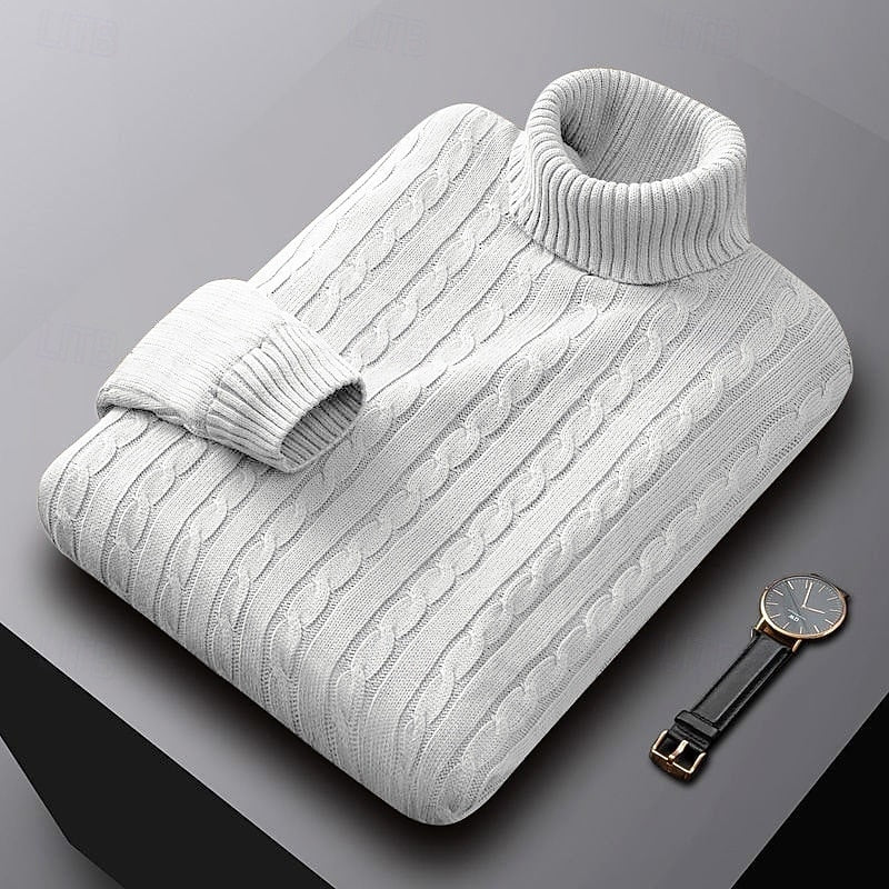 Percival white cable knit turtleneck jumper folded, three-quarter view