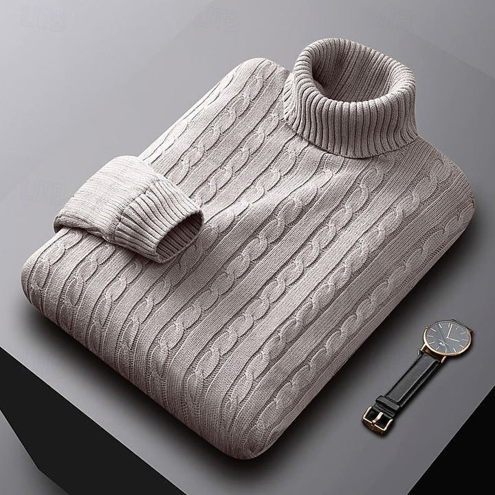 Percival apricot cable knit turtleneck jumper folded, three-quarter view