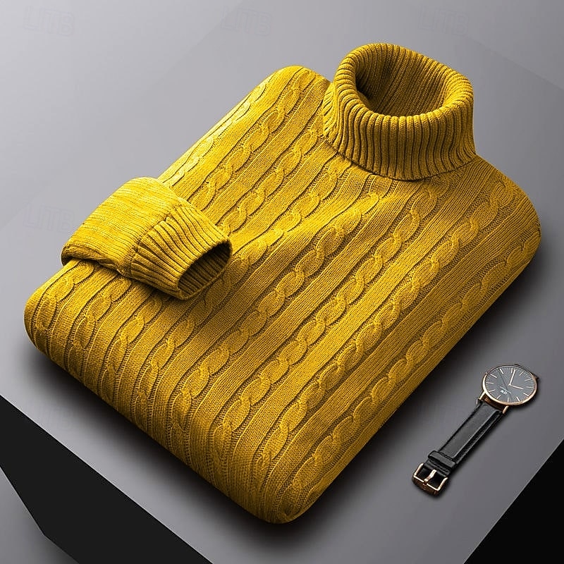 Percival yellow cable knit turtleneck jumper folded, three-quarter view