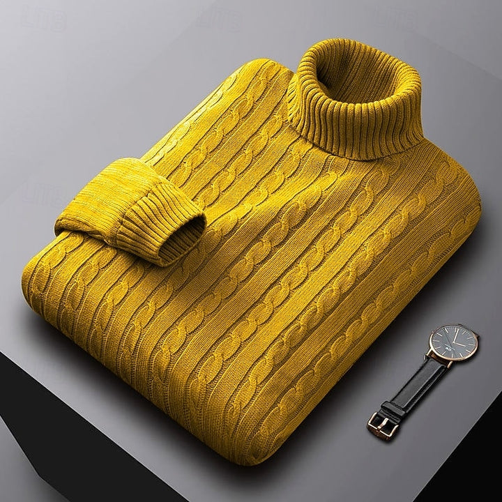 Percival yellow cable knit turtleneck jumper folded, three-quarter view