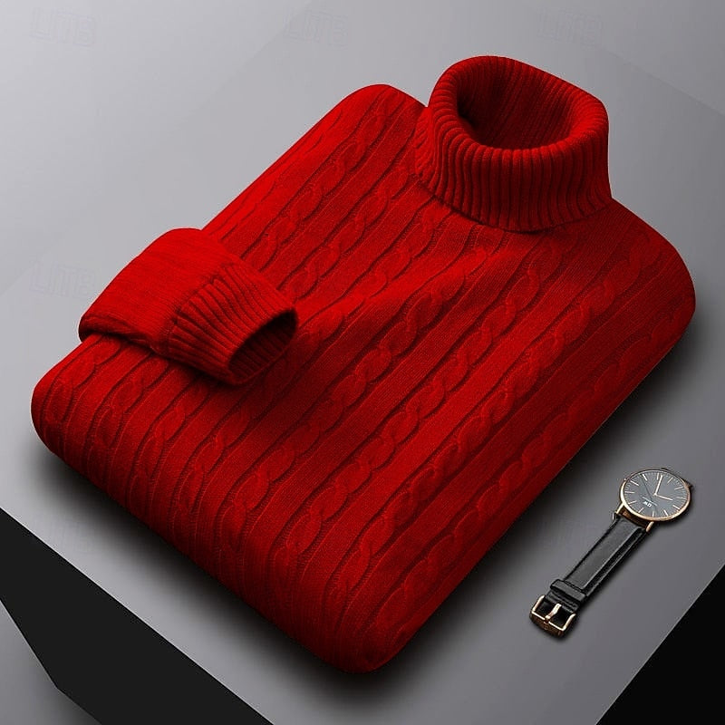 Percival red cable knit turtleneck jumper folded, three-quarter view