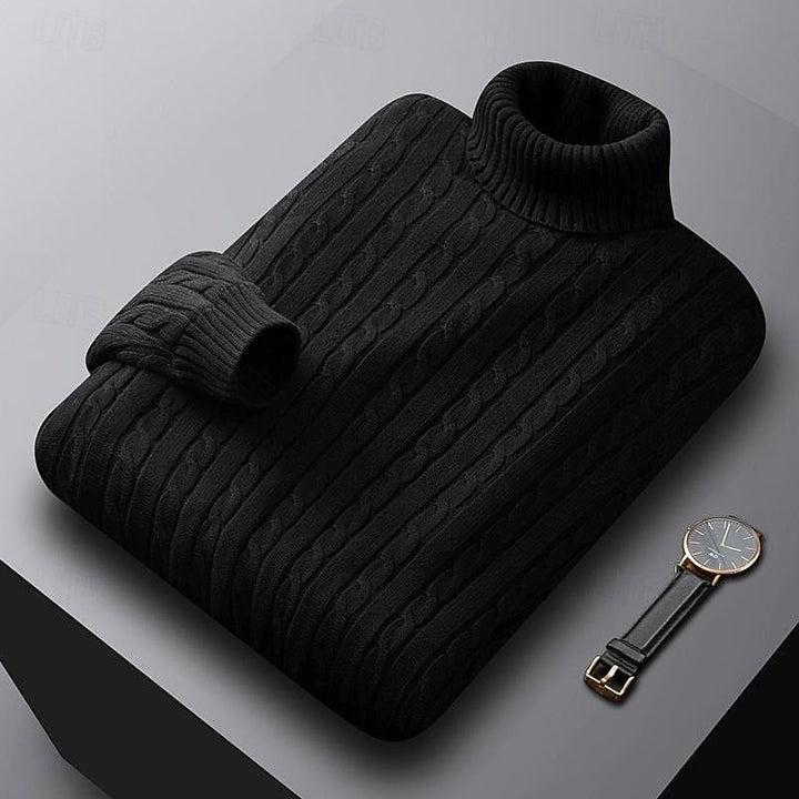 Percival black cable knit turtleneck jumper folded, three-quarter view