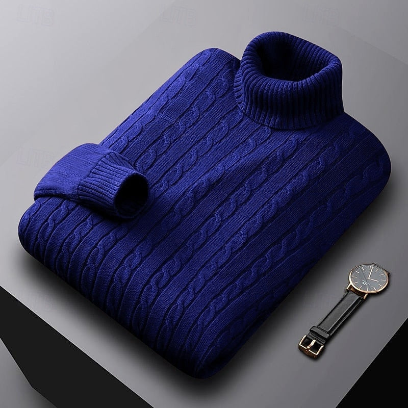 Percival royal blue cable knit turtleneck jumper folded, three-quarter view