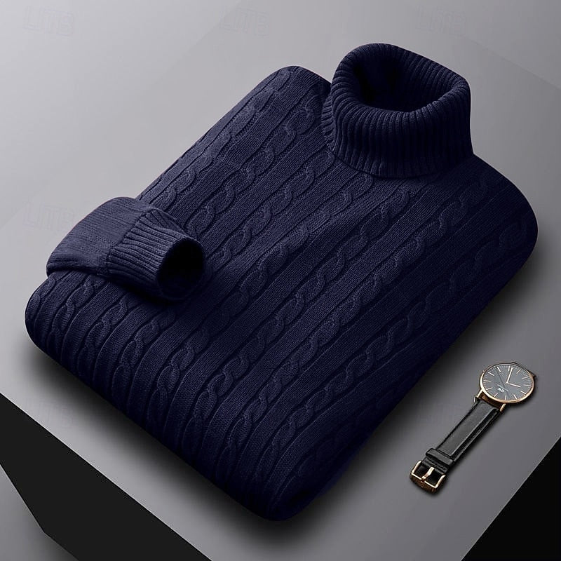 Percival navy blue cable knit turtleneck jumper folded, three-quarter view