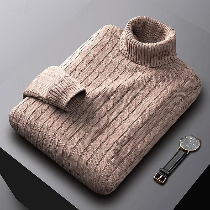 Percival khaki cable knit turtleneck jumper folded, three-quarter view