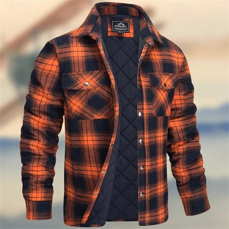Percival quilted check overshirt in orange and navy, front view unbuttoned
