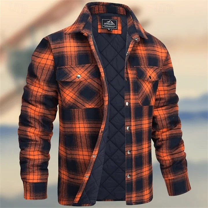 Percival quilted check overshirt in orange and navy, front view unbuttoned