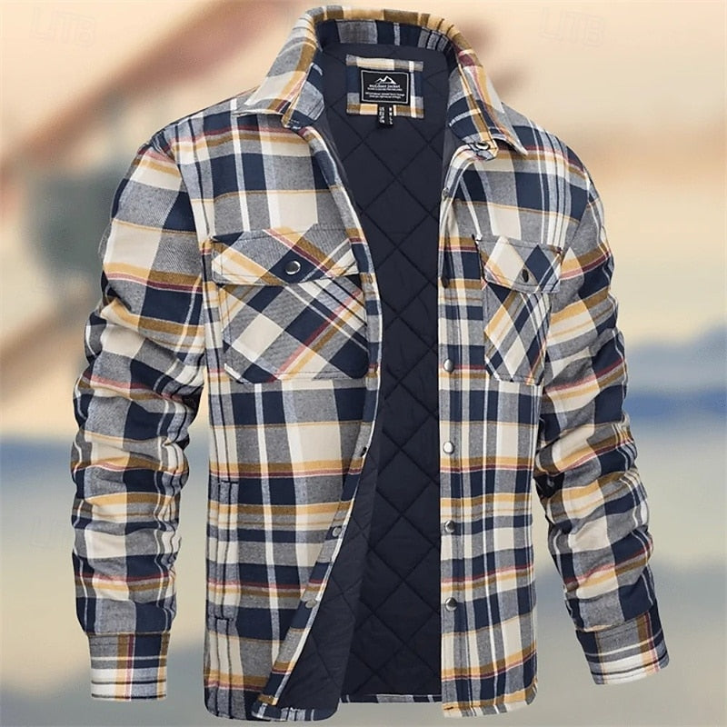 Percival quilted check overshirt in cream and navy, front view unbuttoned