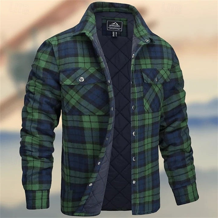 Percival quilted check overshirt in green and navy, front view unbuttoned