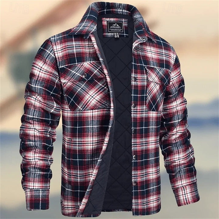 Percival quilted check overshirt in red and navy, front view unbuttoned