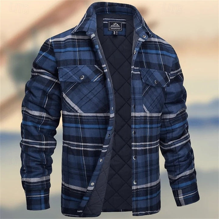Percival quilted check overshirt in navy blue, front view unbuttoned