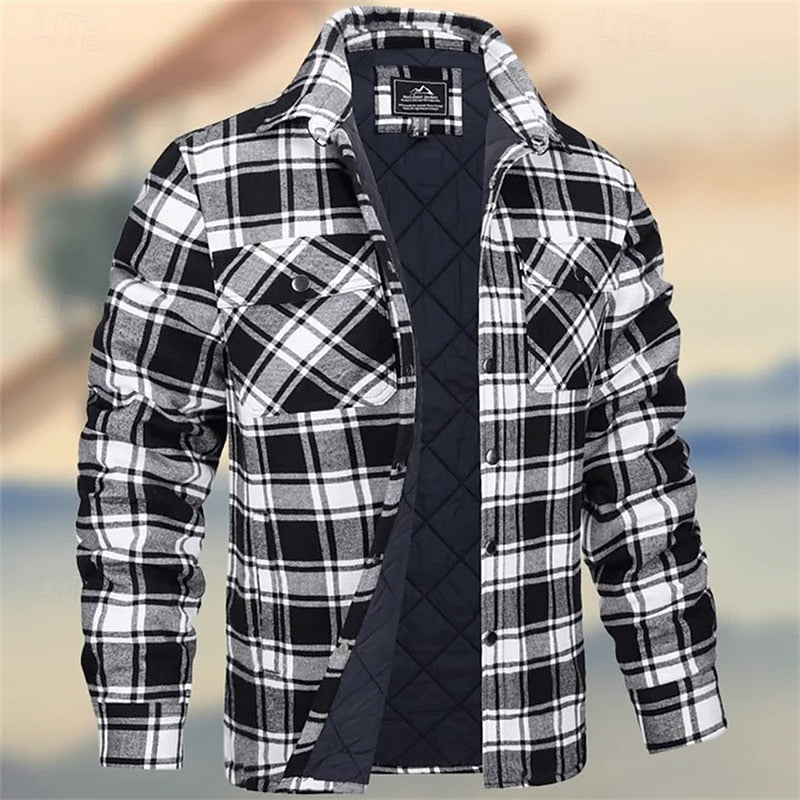 Percival quilted check overshirt in black and white, front view unbuttoned