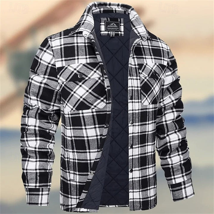 Percival quilted check overshirt in black and white, front view unbuttoned
