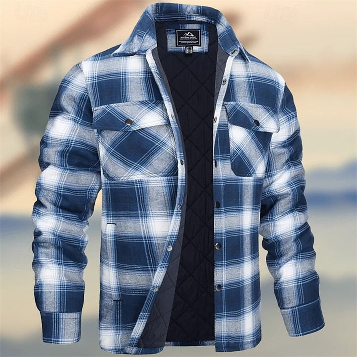 Percival quilted check overshirt in sky blue and white, front view unbuttoned