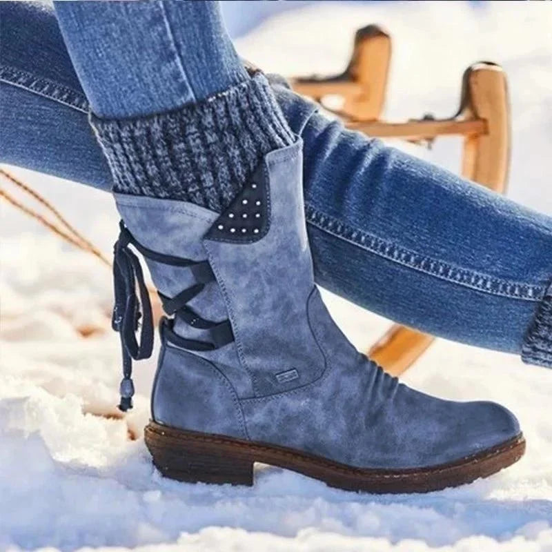 Perpetua lace-up knit cuff mid-calf boots in blue, side view with knitted cuff