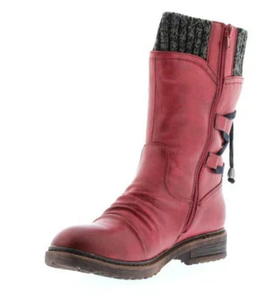 Perpetua red knit cuff mid-calf boot, product shot on white background