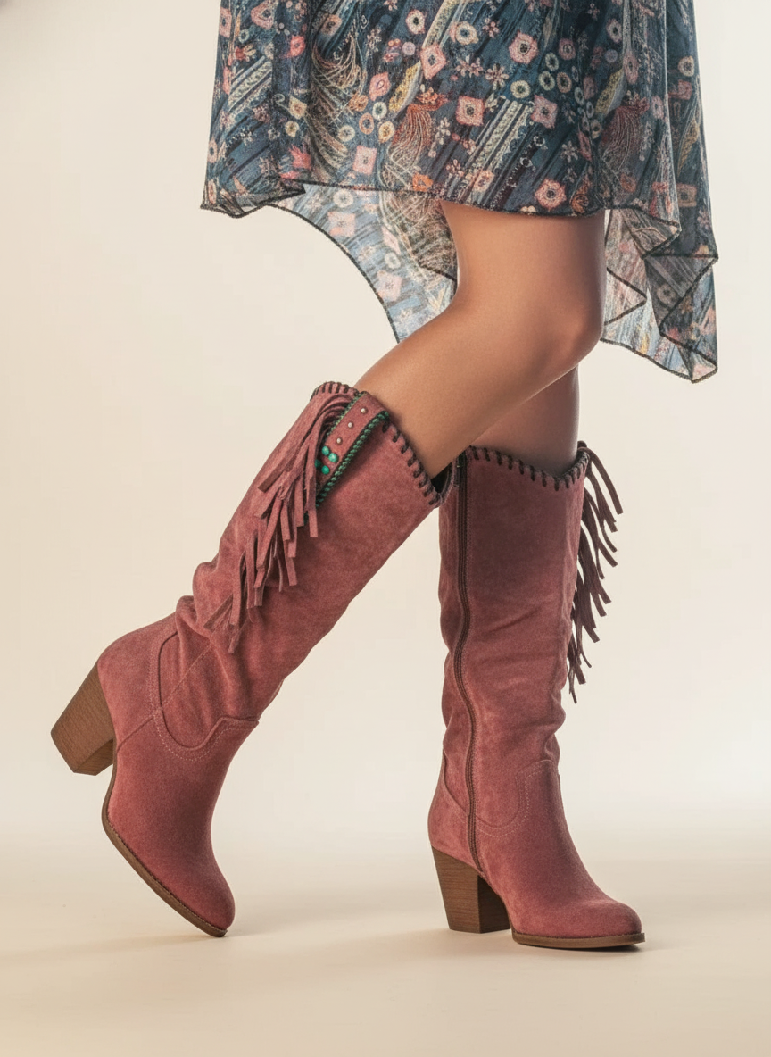Primrose fringed suede knee-high boots in dusty rose, side profile