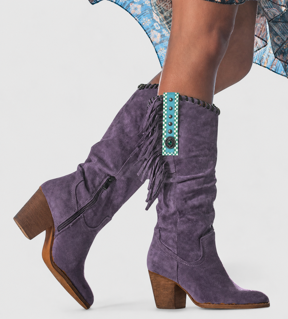 Primrose fringed knee-high boots in purple with turquoise studded strap detail