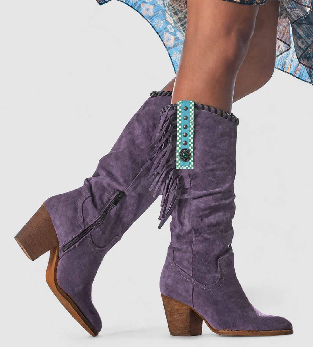 Primrose fringed knee-high boots in purple with turquoise studded strap detail