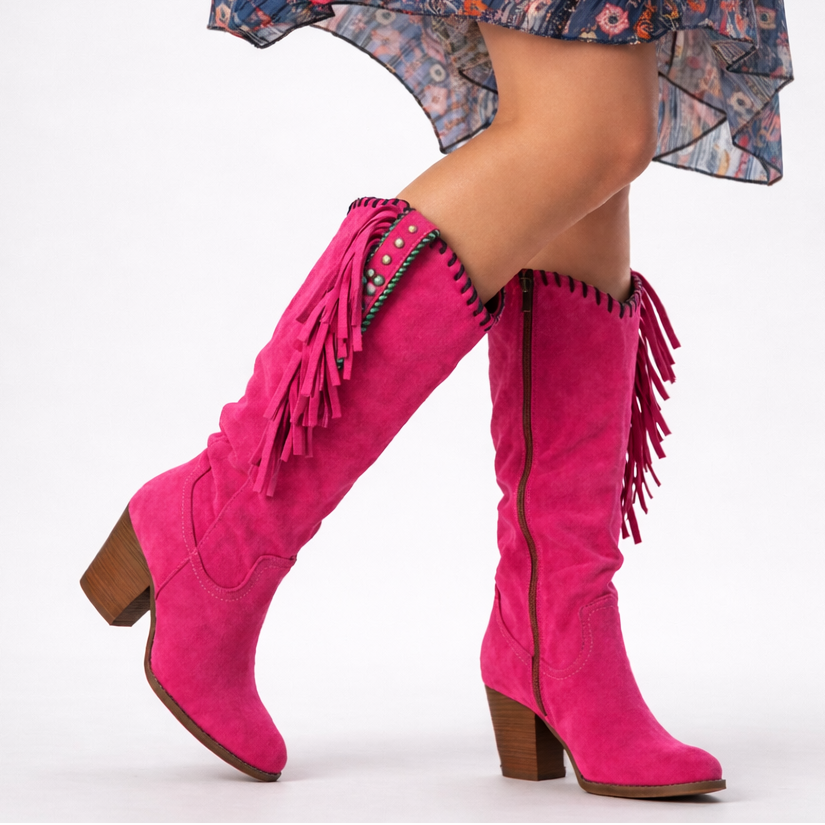 Primrose fringed knee-high boots in hot pink, full side view