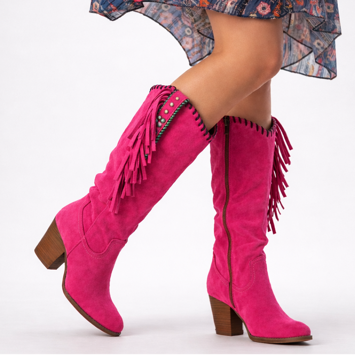 Primrose fringed knee-high boots in hot pink, full side view