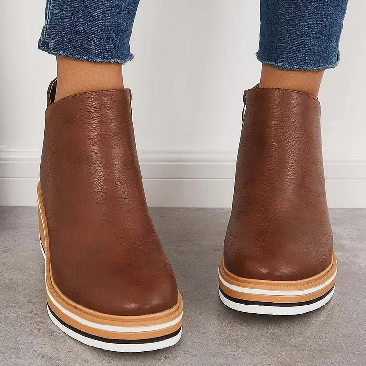 Rosalie brown wedge platform ankle boots on model, back view
