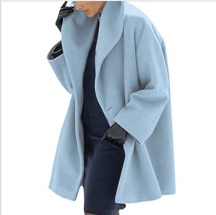 Rosalind sky blue shawl collar longline wool coat, side view