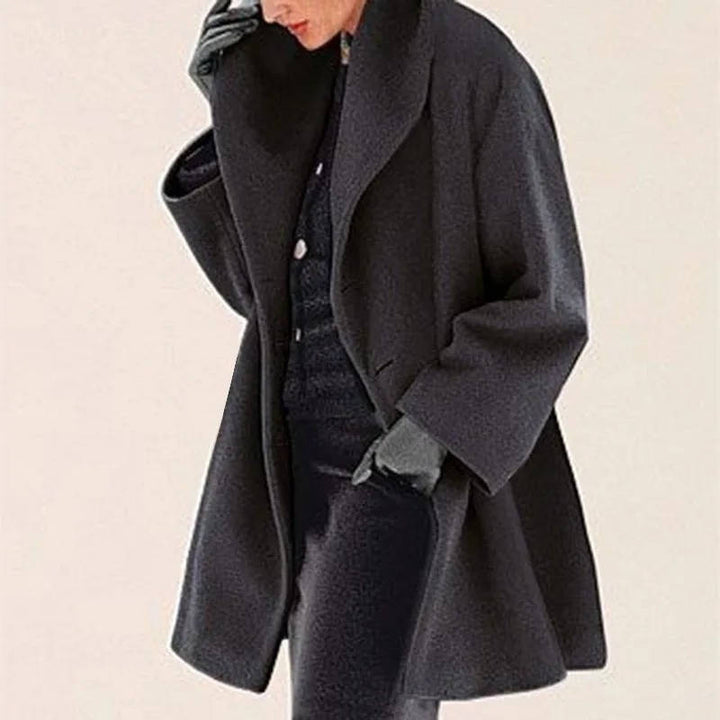 Rosalind black shawl collar longline wool coat, side view